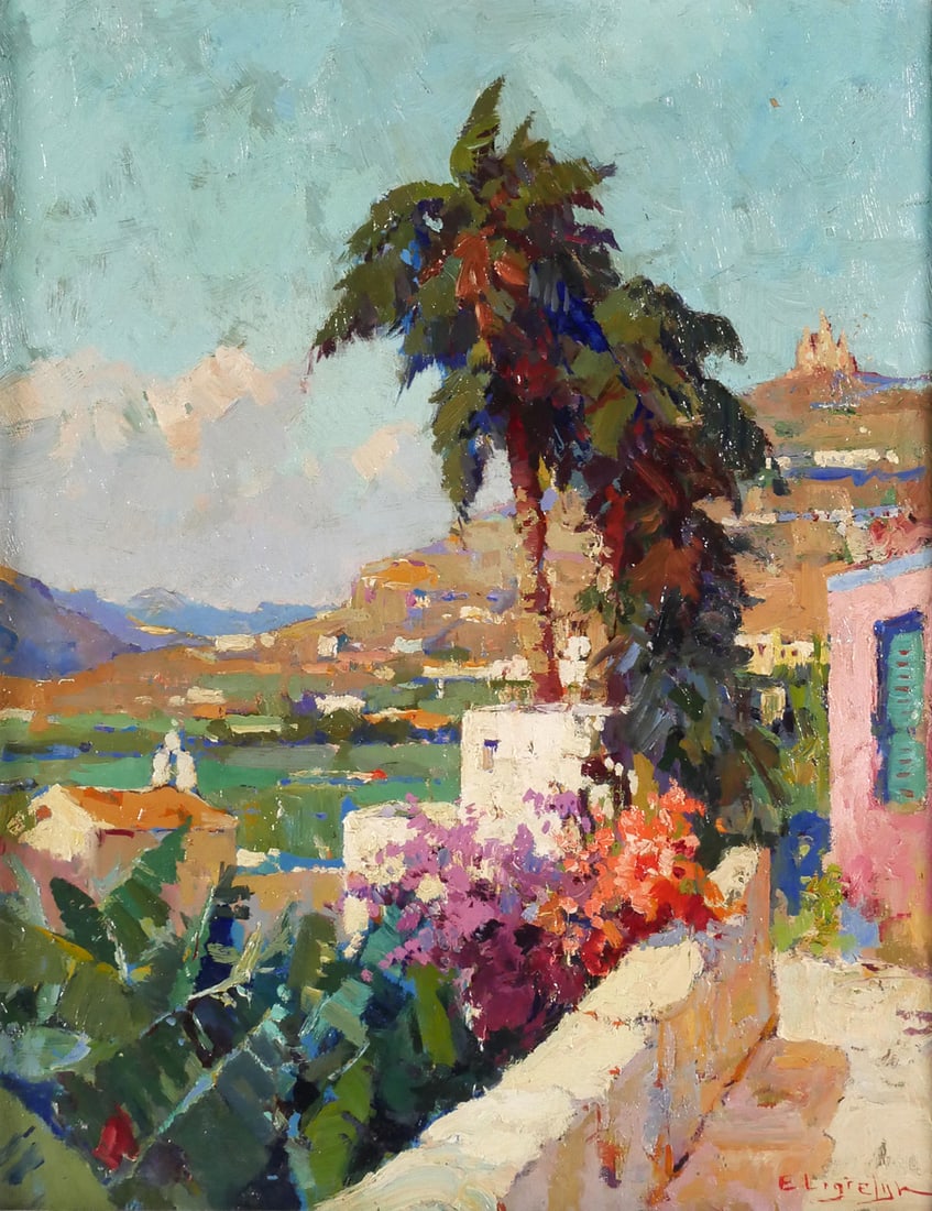 EVERT JAN LIGTELIJN Tenerife Landscape Ptg: Oil on canvas painting of a Spanish landscape, Pilo del Teide, Tenerife by Evert Jan Ligtelijn (1893-1975), signed lower right corner. Image measures 19-1/2" x 15-1/2", frame measures 26" x 21-1/2". T