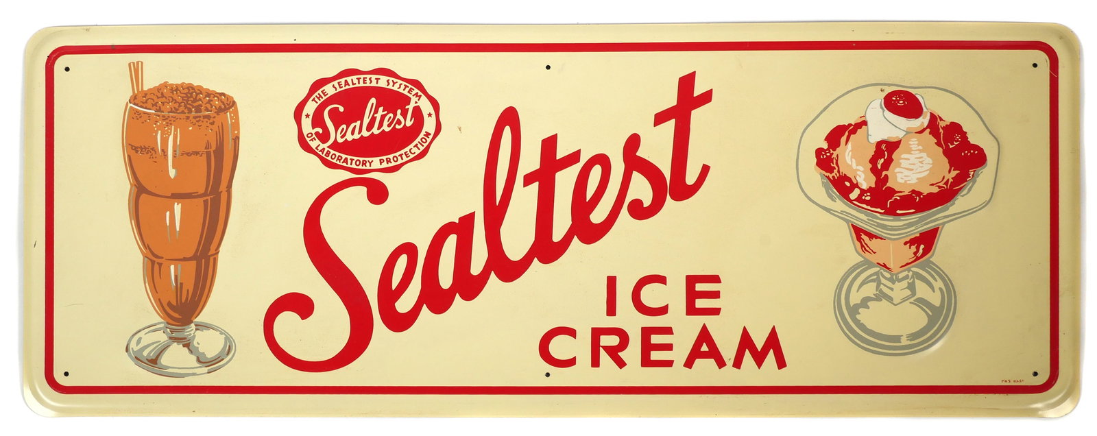 1950's Sealtest Ice Cream Parlor Sign: Self framed original mid century tin sign with sundae and malt graphic. Marked lower right " PRS 03-57". 29-1/4" x 11-1/4". This item will need to be shipped by a packing company of your choice. We ma