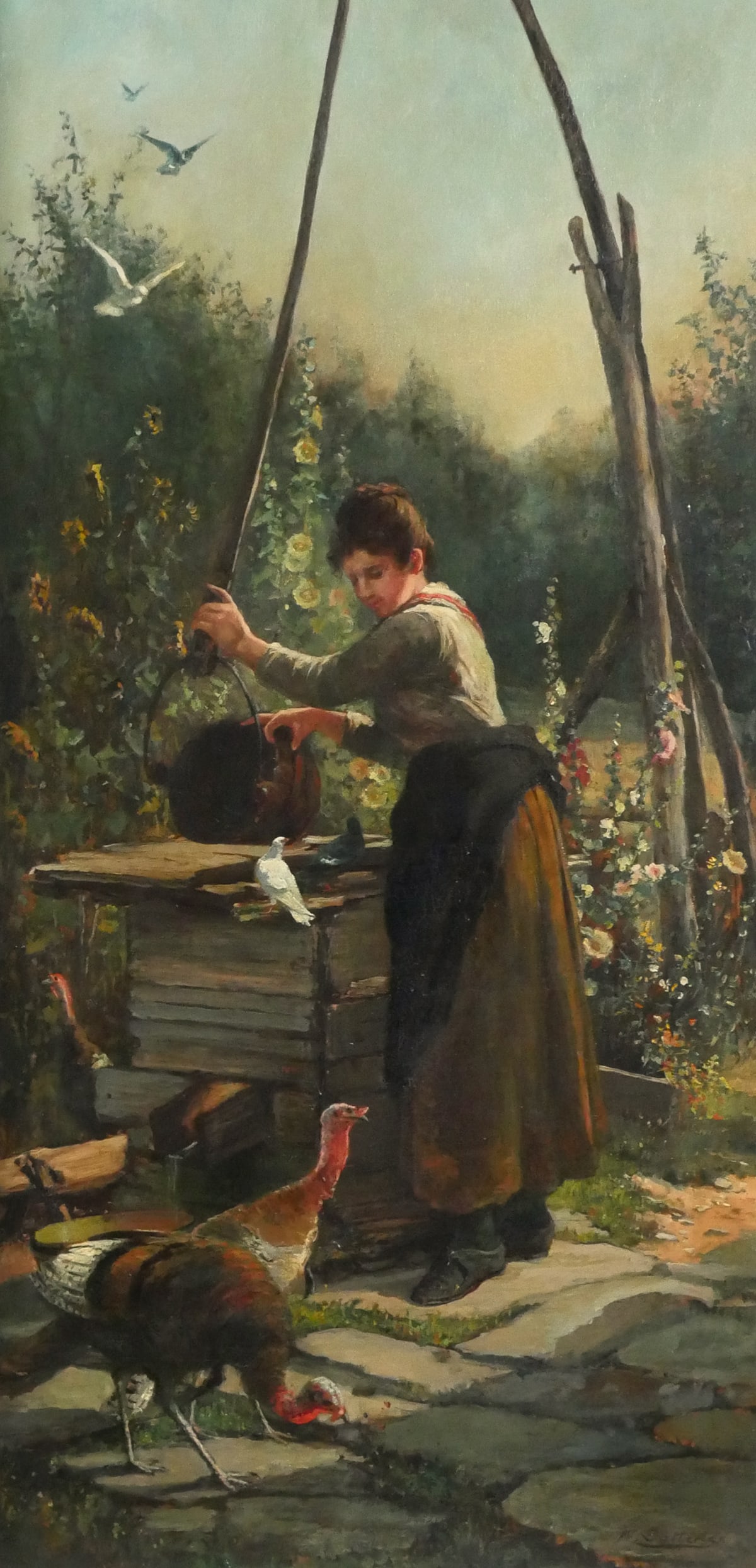 WALTER SATTERLEE, 19C Oil on Canvas Painting: 19th century painting of woman drawing water from a well while surrounded by birds. Painted and signed lower right by Walter Satterlee (American, 1844-1908). Overall framed to 44-1/4" x 24-1/2". This 