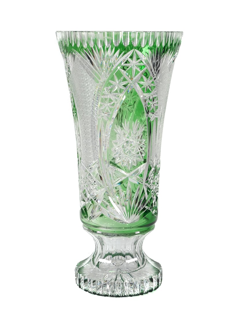 Green Cut to Clear Crystal Vase 15-1/2": Large green cut to clear crystal vase featuring a pillar scalloped rim, hobstars, crosshatching, and stars. Vase measures approx. 15-1/2" tall x 7-1/2" wide at rim. Unmarked, possibly Czech Bohemian g