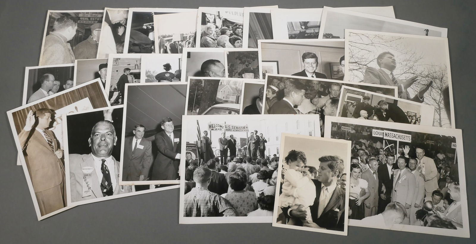 John F. Kennedy Original Photos (25): 25 Type I original black and white photos of Kennedy -- mostly 8x10. Provenance: From an unidentified member of Kennedy's senatorial press office staff. Part of a large collection of mostly unpublishe
