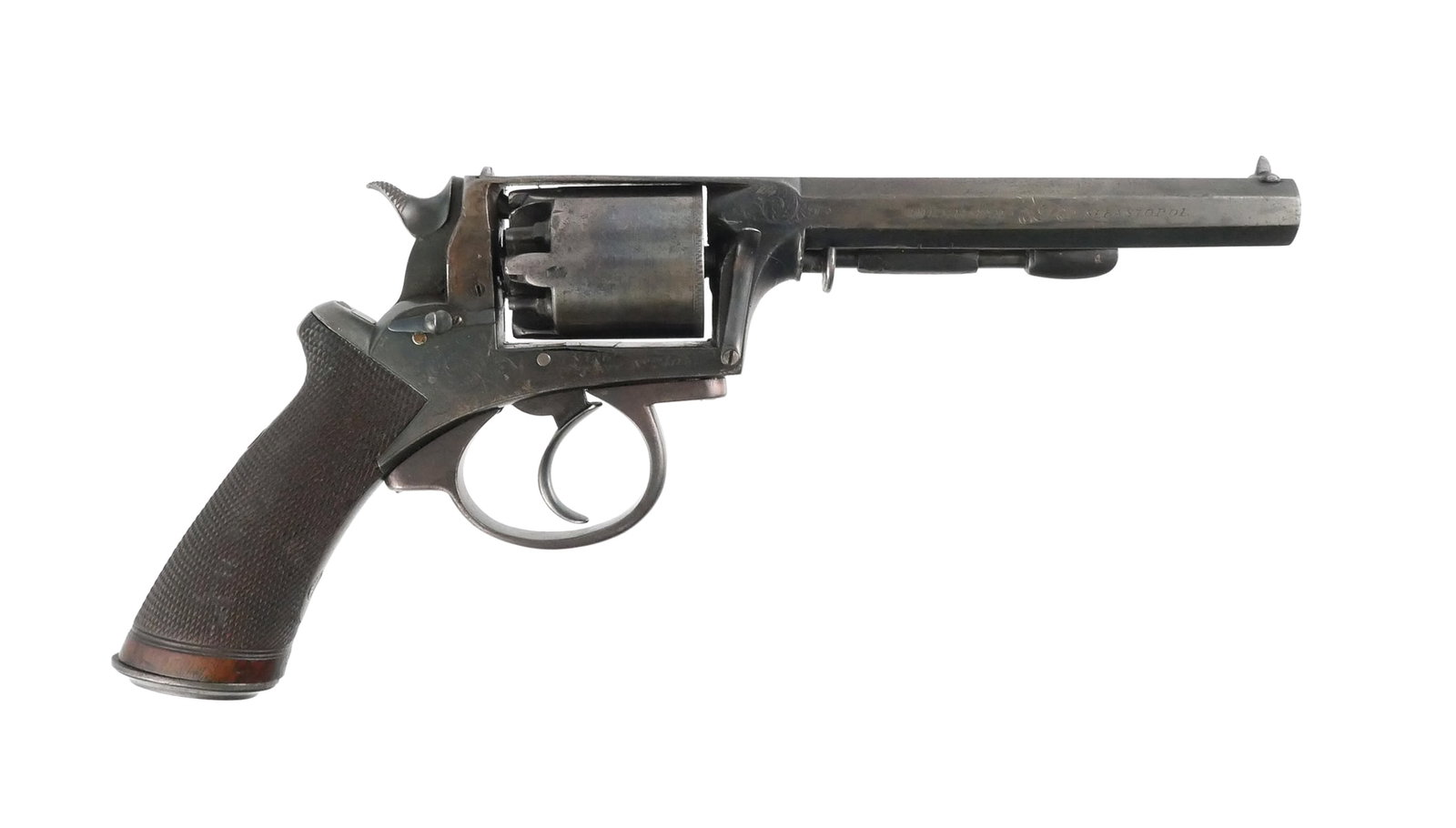Antique Cased ADAMS Revolver 45: Adams double action revolver, 5 shot, approx. .45 cal. Octagon barrel measures approx. 6". Left side barrel flat is marked "ALMA BALACLAVA", top of frame is marked "WILKINSON & SON", top barrel flat i