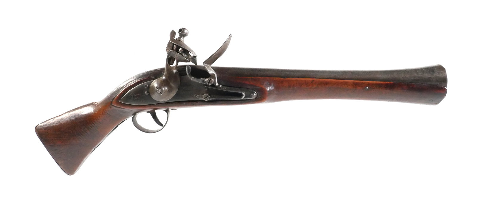 Antique Flintlock Blunderbuss Pistol: Antique flintlock blunderbuss pistol marked "HALBERD / BAVARIA" on sideplate. Sideplate around the lock has an engraved horse. Possibly German origin, all the parts functional but some of the screws a