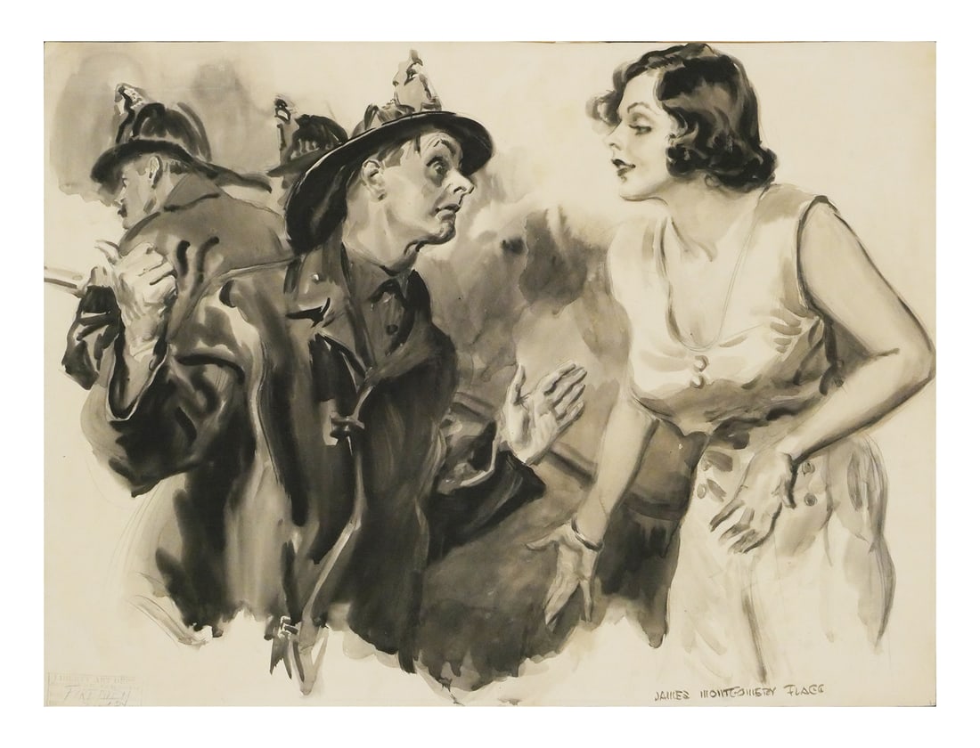 JAMES MONTGOMERY FLAGG Original Illustration: Original ink and pencil drawing of a female figure talking with a fireman, signed James Montgomery Flagg (1870-1966), perhaps best known for his Uncle Sam "I Want You" poster from WWI. Small stamp on