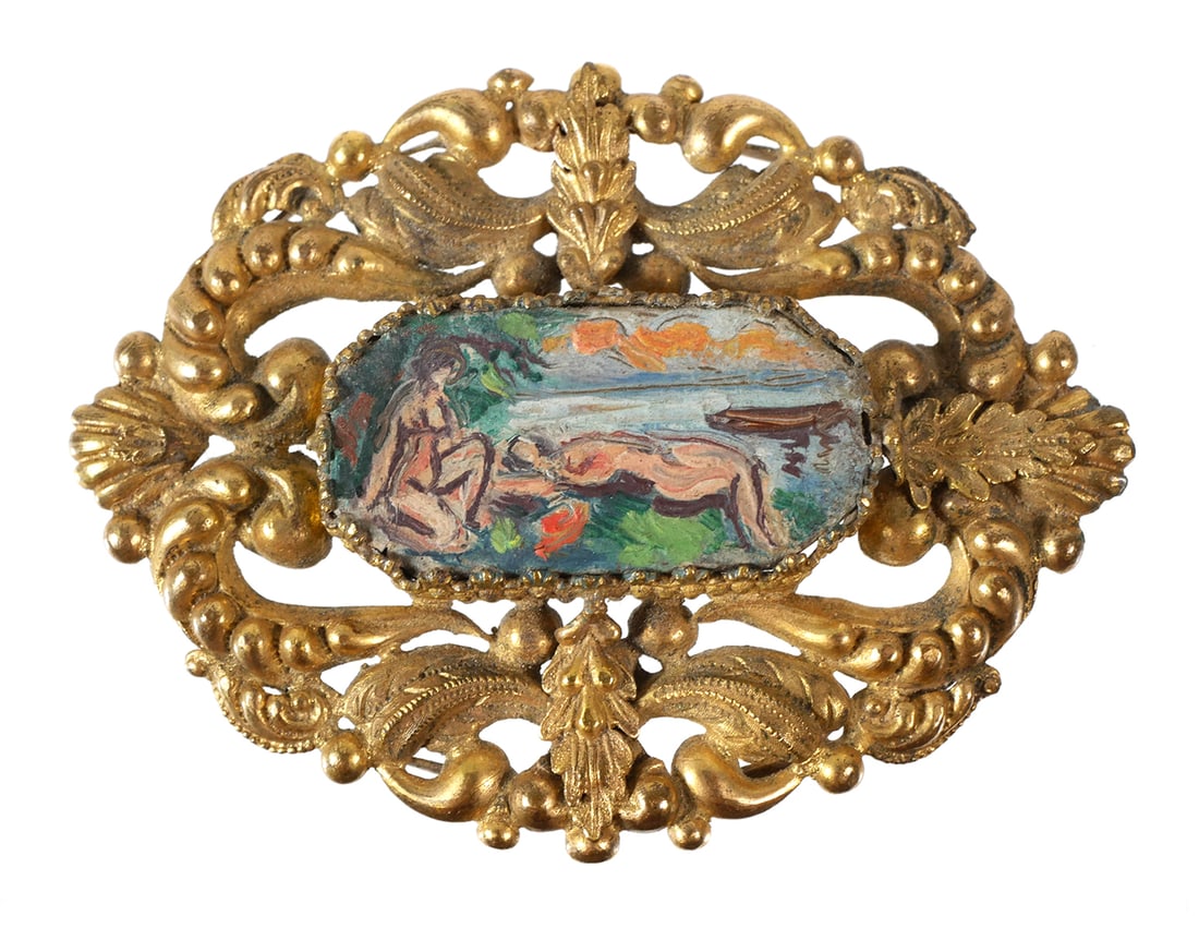 ACHILLE EMILE OTHON FRIESZ Nudes Miniature: Miniature painting of nude women along the water's edge, set into an openwork gold plated brooch-type frame, circa 1920s by Fauvist artist Emile Othon Friesz (French, 1879-1949). Material unknown -- p