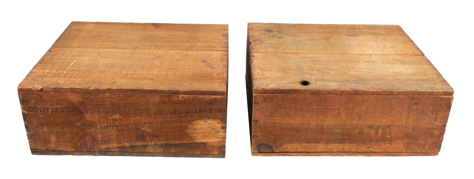 (2) Unopened Cases French Brandy Bottles, 1940s: Two sealed wooden boxes, circa 1940s-50s (possibly earlier), of 12 monopole "Laurier Freres, Barbet & Fournier, Bordeaux" 84 Proof brandy bottles (4/5 qt each). Stamped on all four sides. Extremely ra