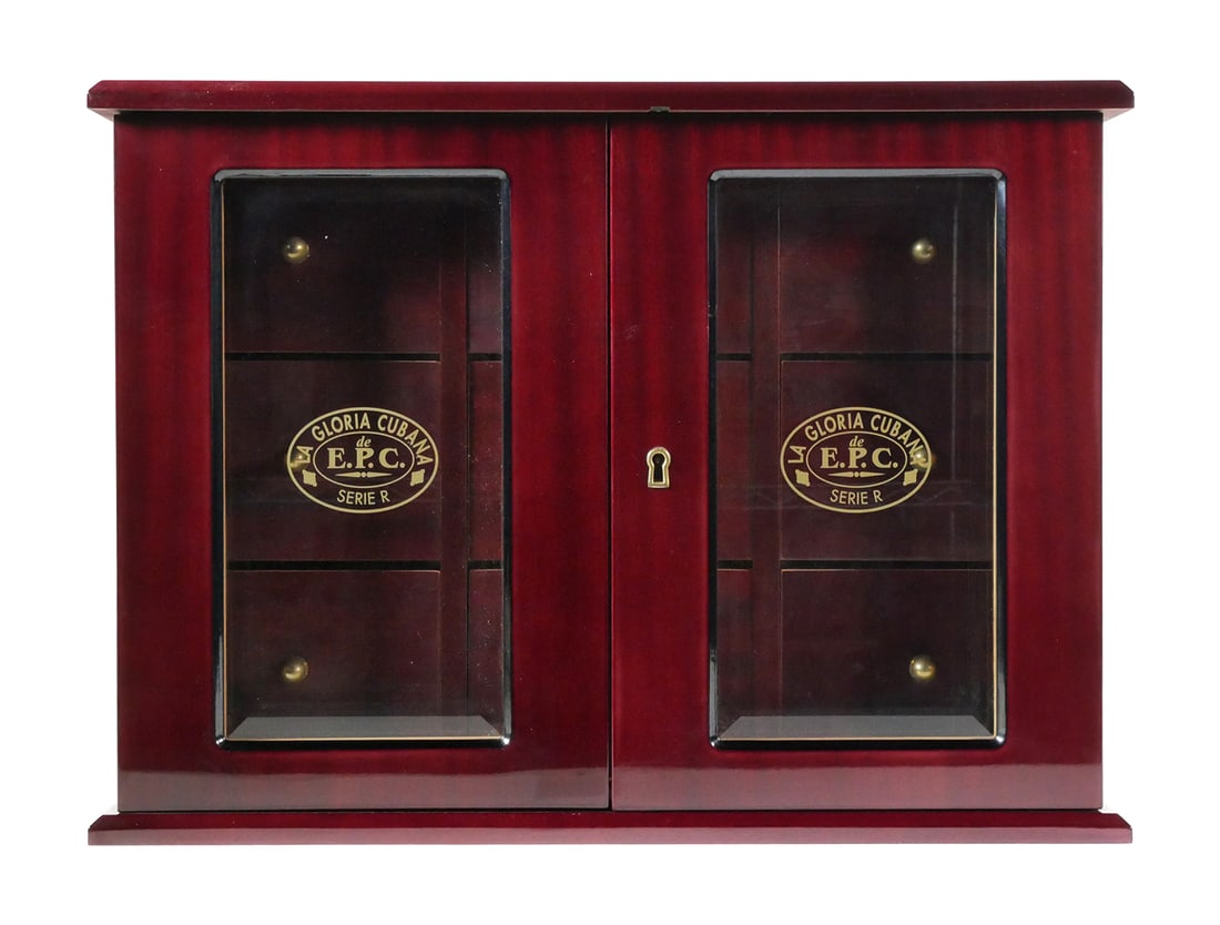 La Gloria Cubana Cigar Humidor: Exquisite cigar humidor by Fabrizio Gentili of Italy for La Gloria Cubana. Thick, beveled glass in doors. Distributed to cigar retailers full of cigars, apparently, then sold to customers once the cig