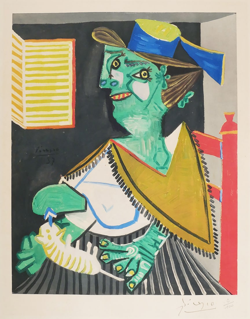 PABLO PICASSO Litho, Green Woman with Cat: Lithograph on paper with abstract figure and cat, after "La femme au chat (Portrait cryptique de Paul Eluard)." (Painted August 30, 1937.) Signed in pencil lower right and numbered 2/100. Image measur