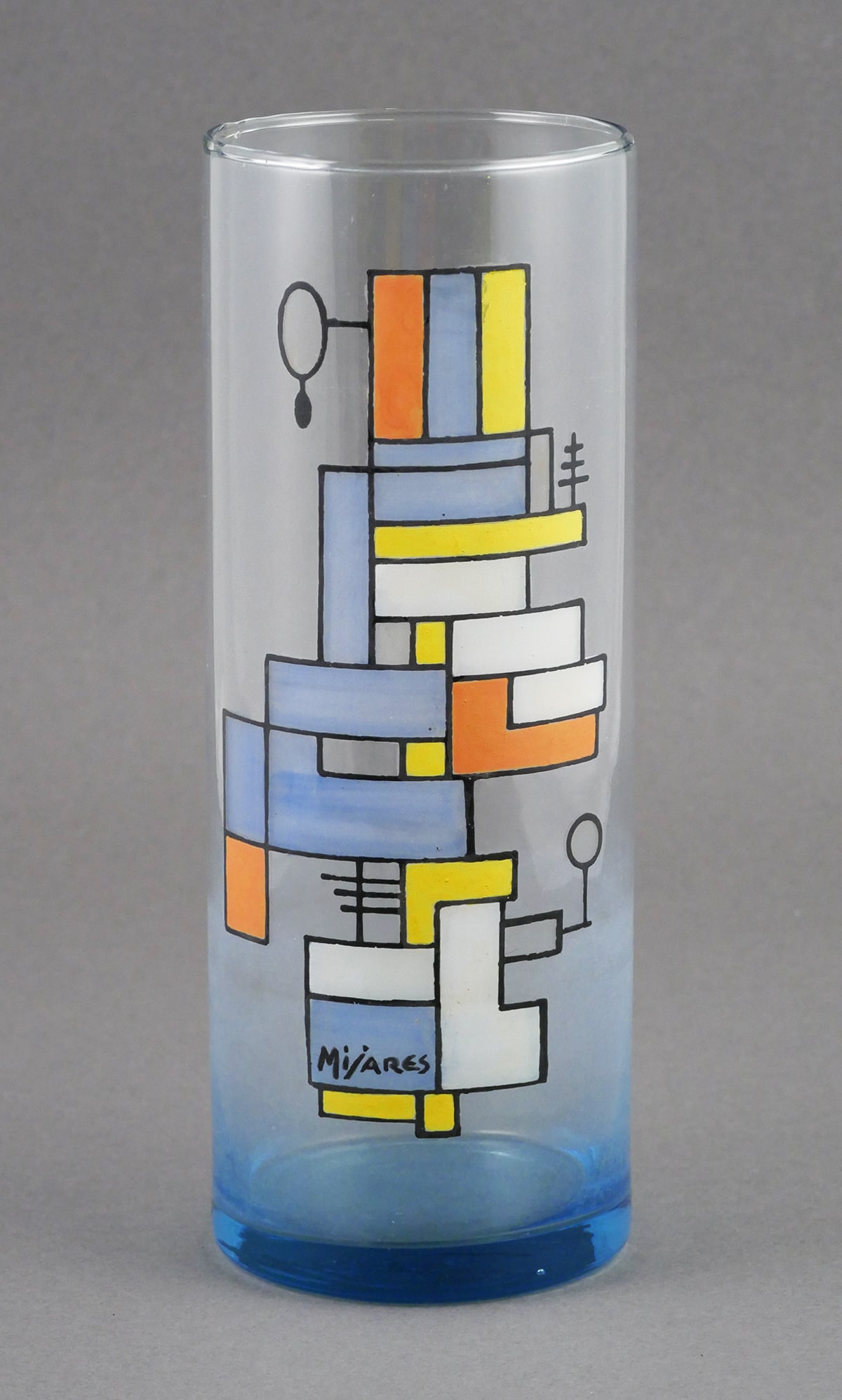 JOSE MARIA MIJARES (Cuban, 1921-2004): Abstract hand painting on clear glass vase by Cuban artist Jose Maria Mijares, titled "Concrete Forms 1957" on accompanying certificate. Measures about 9-1/4" high and 3-7/16" diam. Provenance: Accomp