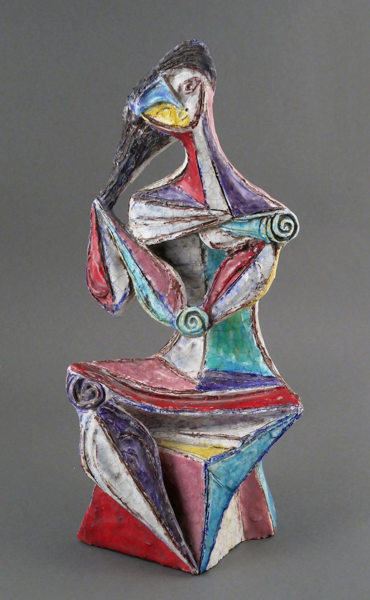 MARCELLO FANTONI Cubist Sculpture: Glazed ceramic sculpture of a woman by Fantoni (Italian, 1915-2011). Measures 15" high. Signed on bottom. This item can be shipped in-house.