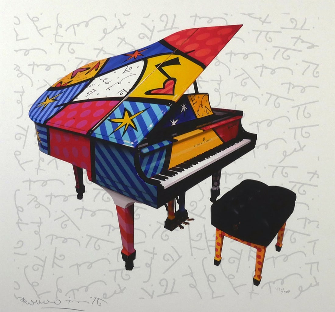 ROMERO BRITTO "Art That is Music For My Eyes": Brazilian artist Romero Britto Pop Art print on paper, titled "Art That is Music For My Eyes". The artwork is hand signed by the artist and numbered 473/500. Sight size approx. 19" x 18" on float moun