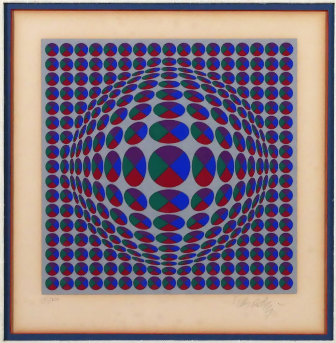 Victor Vasarely "Neptune" Silkscreen: Vintage silkscreen by Victor Vasarely titled "Neptune". Pencil signed and numbered 405/495 by the artist. Frame measures approx. 21-3/4" x 21". Includes COA. This item will need to be shipped by a pac