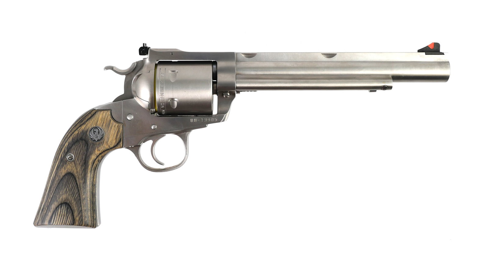 RUGER Super Blackhawk Revolver 44 Mag 7-1/2": Ruger stainless steel New Model Super Blackhawk revolver in .44 Magnum caliber. Barrel measures approx. 7-1/2" long, serial #88-13905. Includes original case, scope rings, lock, and manual. Catalog KS