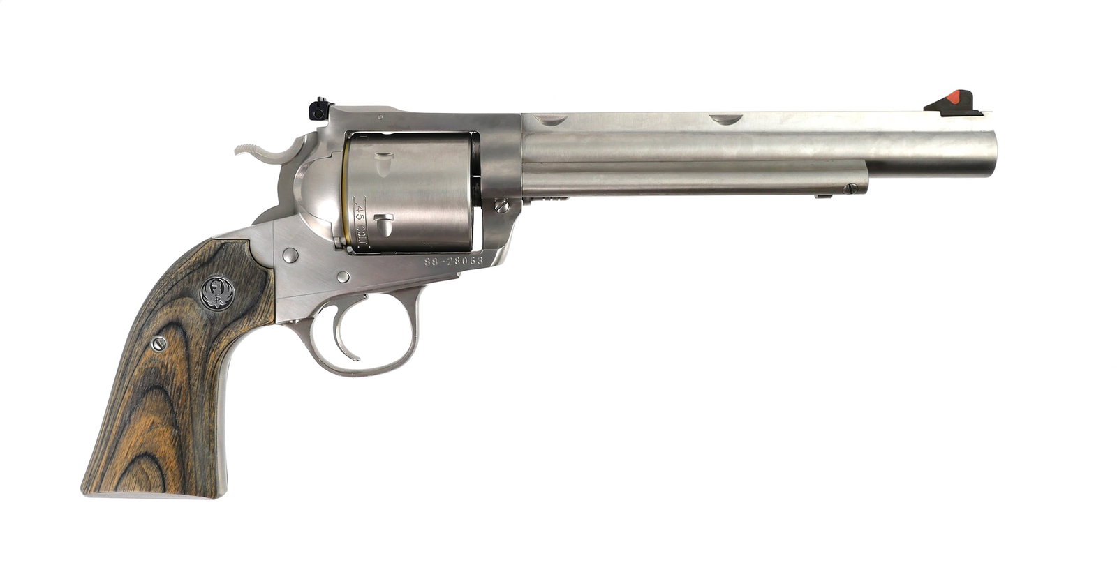 RUGER Super Blackhawk Revolver 45 7-1/2": Ruger stainless steel New Model Hunter Super Blackhawk revolver in .45 caliber. Barrel measures approx. 7-1/2" long, serial #88-28063. Includes original case, scope rings, and manual. Catalog KS-457NH