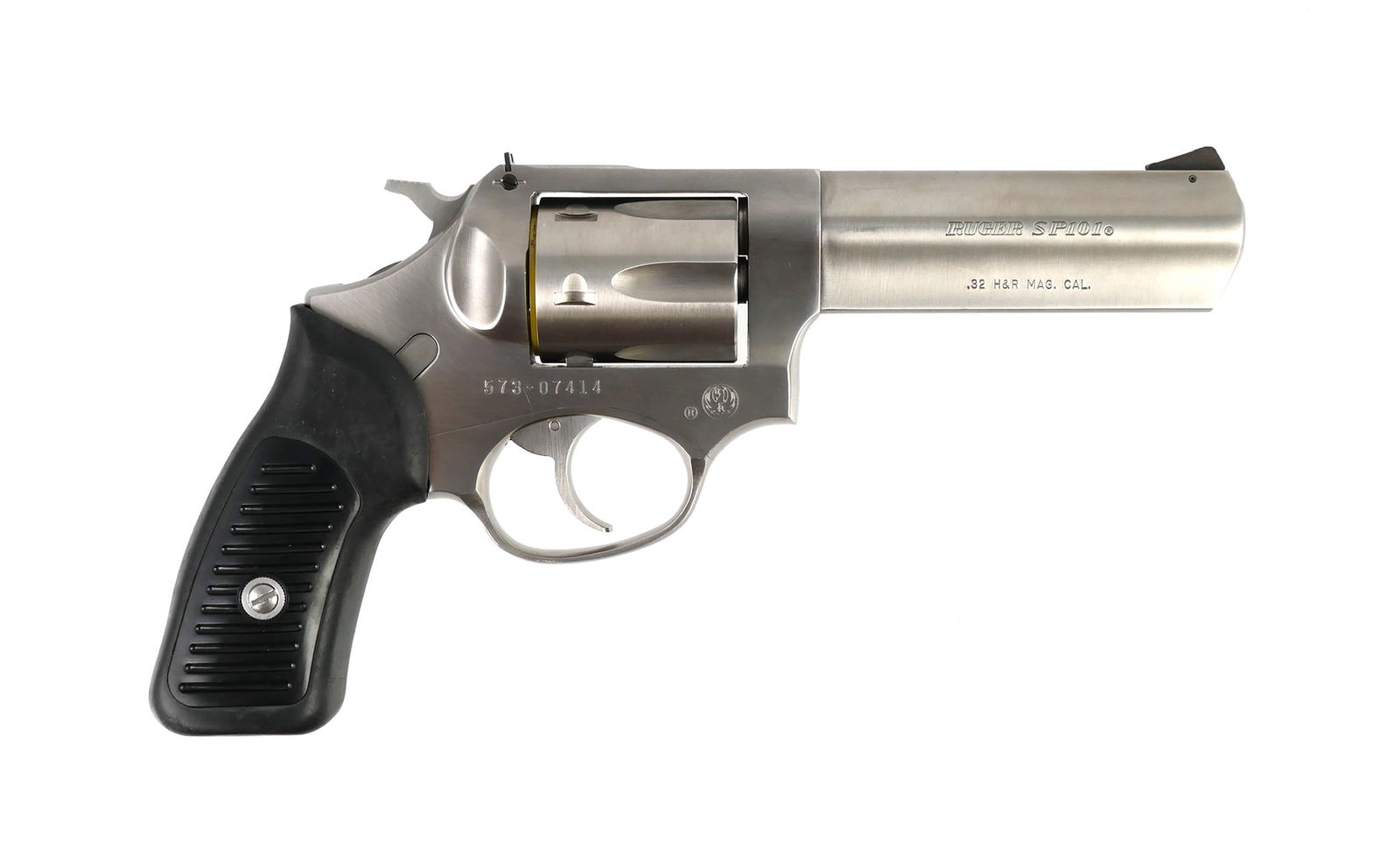 RUGER SP101 6-Shot Revolver 32 H&R Mag: Ruger stainless steel Model SP101 double action revolver in .32 H&R Magnum. Barrel measures approx. 4", serial #573-07414. Includes original case, case lock, and manual. Catalog KSP-3241X, Model 05746