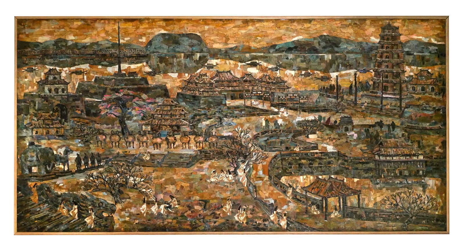 HO HOANG DAI, Massive 8' Mixed Media: Huge 49" x 97" landscape, cut paper on ~3/8" plywood board, by Ho Hoang Dai (Vietnamese, b. 1937). A monumental work by Ho, and a mosaic with incredible detail. This item will need to be shipped by a