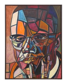 Malcolm X Cubist Portrait Painting, Signed Voss