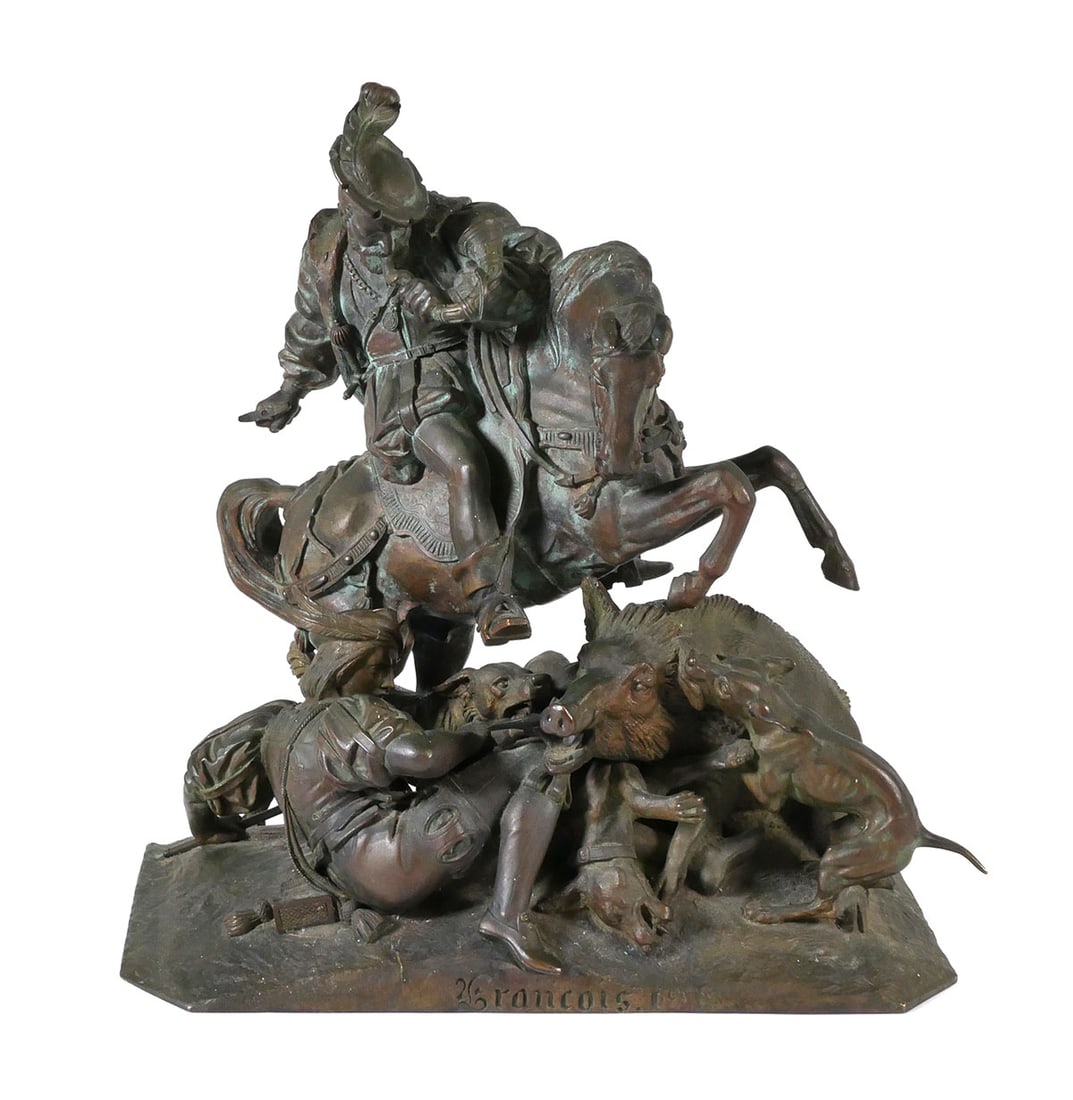 Theodore Gechter Francois Hunting Bronze: Theodore Gechter (1796-1844), Francois I hunting wild boars, bronze, 1843, signed and dated, also inscribed "Froncois" on the base. Approx. 14" x 14" x 8". This item will need to be shipped by a packi