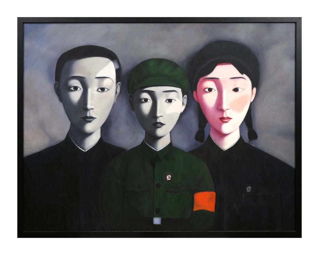 Xiaogang Zhang, Bloodline Big Family Painting: Large oil on canvas painting after an iconic work by Xiaogang Zhang (Chinese, b. 1958) titled "Bloodline: Big Family No. 3." Unsigned. Measures about 39-1/4" x 51-1/4" in 41-1/2" x 53-1/2" frame. This
