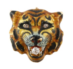 Antique 14k Gold Enamel & Diamond Tiger Brooch