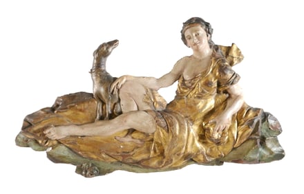 17C Gilt Wood Carving, Diana & Dog