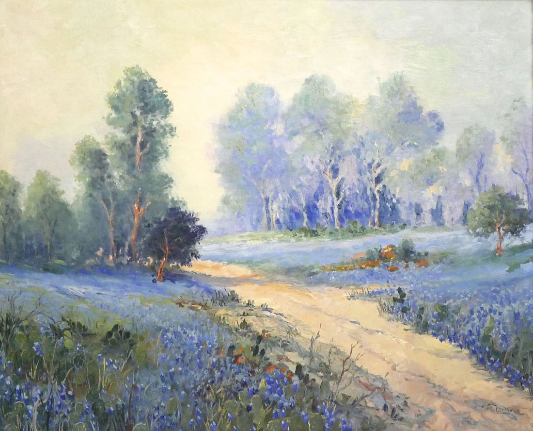 1920s Texas Bluebonnets Landscape Painting: Oil on canvas landscape painting, Impressionist style, depicting bluebonnets. Signed lower right L. Williams, pencil signed Lillian Williams on verso. Framer's tag on bottom rear of the frame is dated
