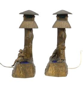 Pair Arts & Crafts Style Figural Lantern Lamps
