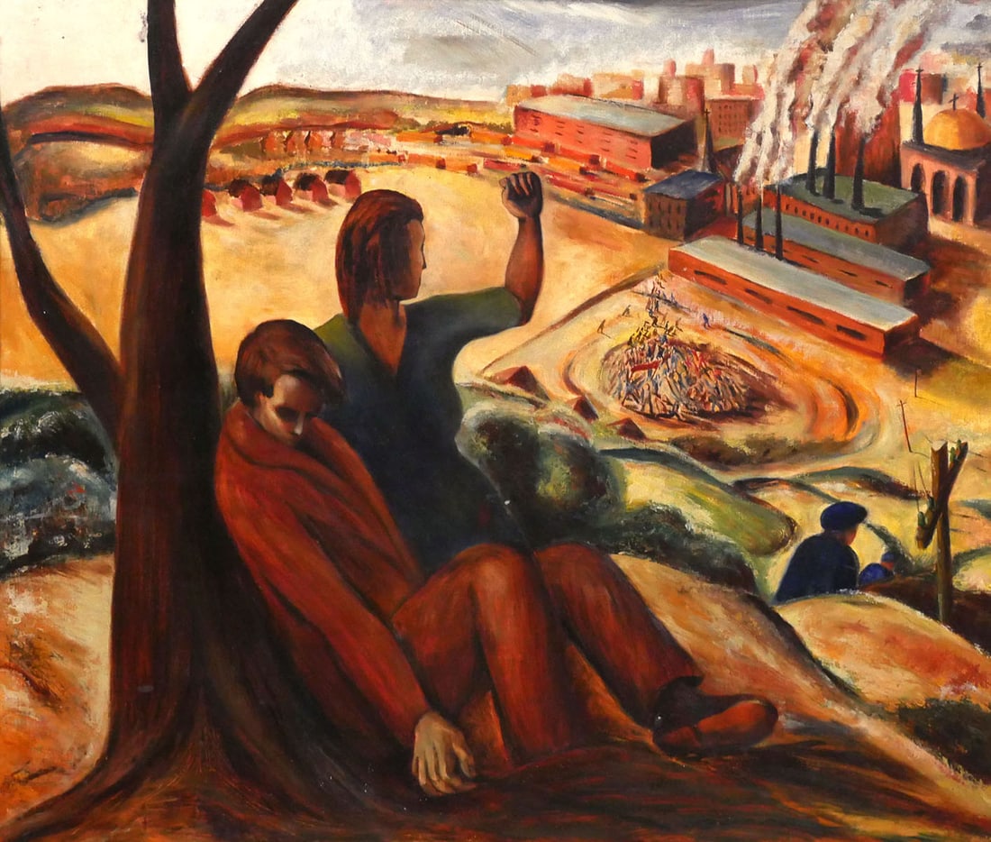 KARL METZLER Painting of a Strike: Oil on canvas painting of two figures in the foreground and an industrial scene in the background, c. 1930 by Karl Metzler German/American, 1909-1995. Minor loss on canvas, near figure in center, wear