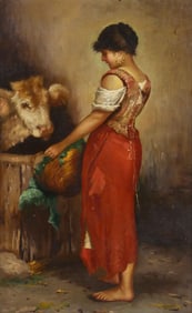 Early 20th c. Italian Painting Woman w Cow