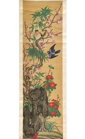 JIANG TINGXI Silk Painting Birds Flowers