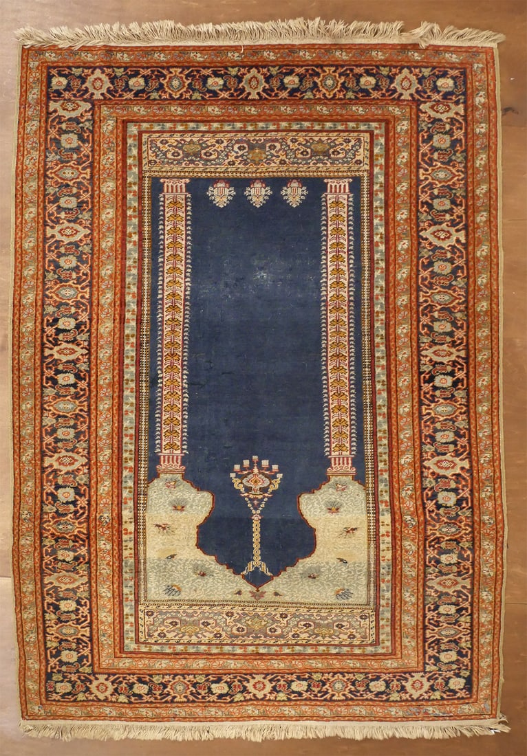 Vintage Oriental Turkish Prayer Rug: Believed to be a Kula Turkish prayer rug. Wool carpet measures approx. 49" x 69" excluding fringe. This item can be shipped in-house.
