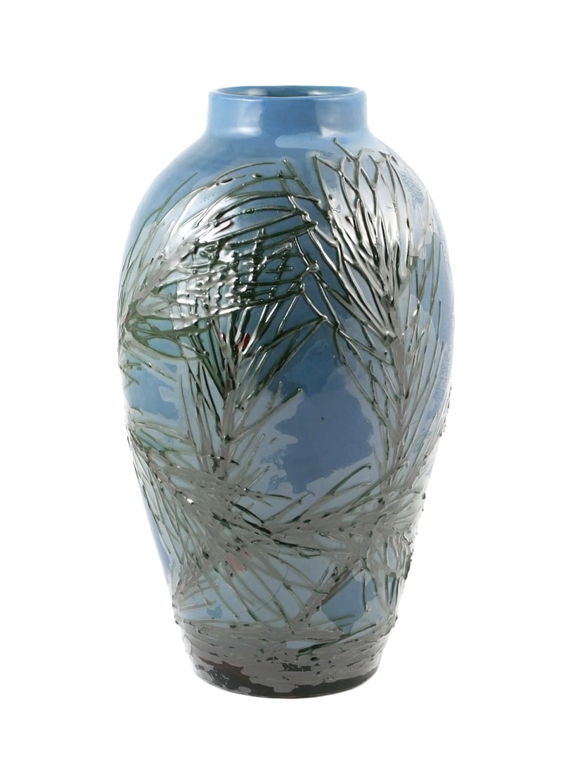 MAX LAEUGER Art Nouveau Ceramic Vase: Art Nouveau vase with pine needle motif with marks on bottom "Muster Gesetzl Geschzi, 78X" by Max Laeuger (German, 1864-1952) for Tonwerke Kandern, measures 11-3/4" x 6-1/4" wide. This item can be shi