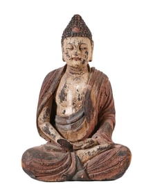Carved Wood Polychrome Buddha Sculpture