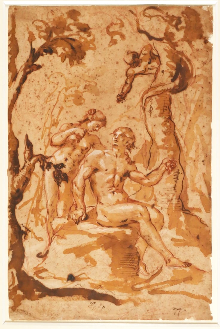 18C Brush Drawing, Fall of Adam & Eve: Unknown artist, Adam and Eve, 18th century, brush drawing. Brush drawing and pen drawing with brown ink with red chalk and white heightening Measures about 16-1/4 x 10-5/8". Verso has a study for this