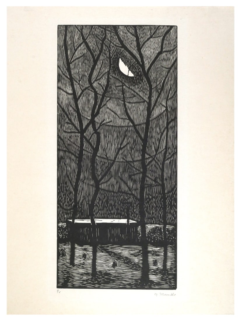 GERHARD MARCKS Winter Night Woodcut: Titled "Winternacht" from 1969. Woodcut on paper, signed by Marcks (German, 1889-1981). Measures 25" x 18-3/8" overall. Unframed. Provenance: Obtained May 2020 from Kunst und Design Auktionhaus Schops