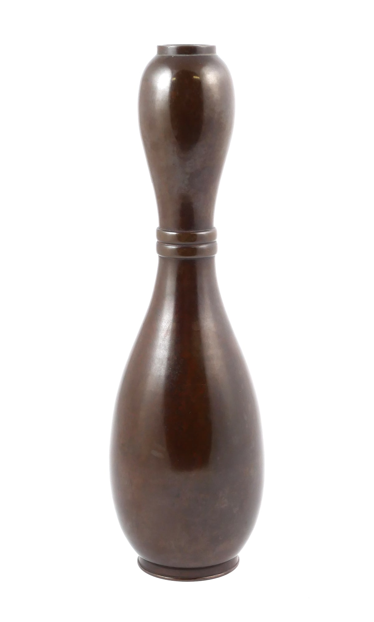 Japanese Bronze Vase, Nakajima Yasumi II: Hyotan shaped Japanese bronze vase, by Nakajima Mitsuo Yasumi II (1905-1986). Japan, mid Showa Period (1955-1965). Signed on bottom. Approx. 11-1/4" tall x 3-1/4" wide. This item can be shipped in-hou
