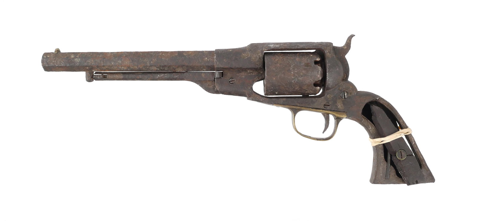 Remington Percussion Revolver: Remington percussion revolver, barrel measures approx. 7-1/2, possibly a Beals Navy. Family history on the revolver is that it was pulled out of a Mississippi levee by the grandfather of consignor whi