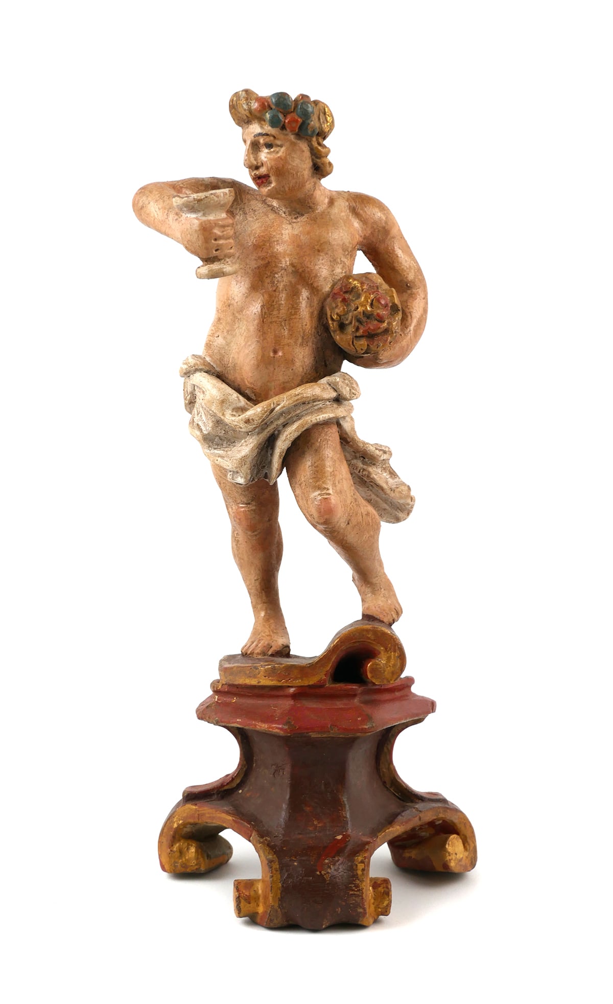18C Italian Wood Carving of Bacchus: Italian antique statue, 18th or early 19th century polychrome carved wood sculpture depicting Bacchus, figure standing on a wood base. Approx. 4-1/2" x 11-3/8". This item can be shipped in-house.