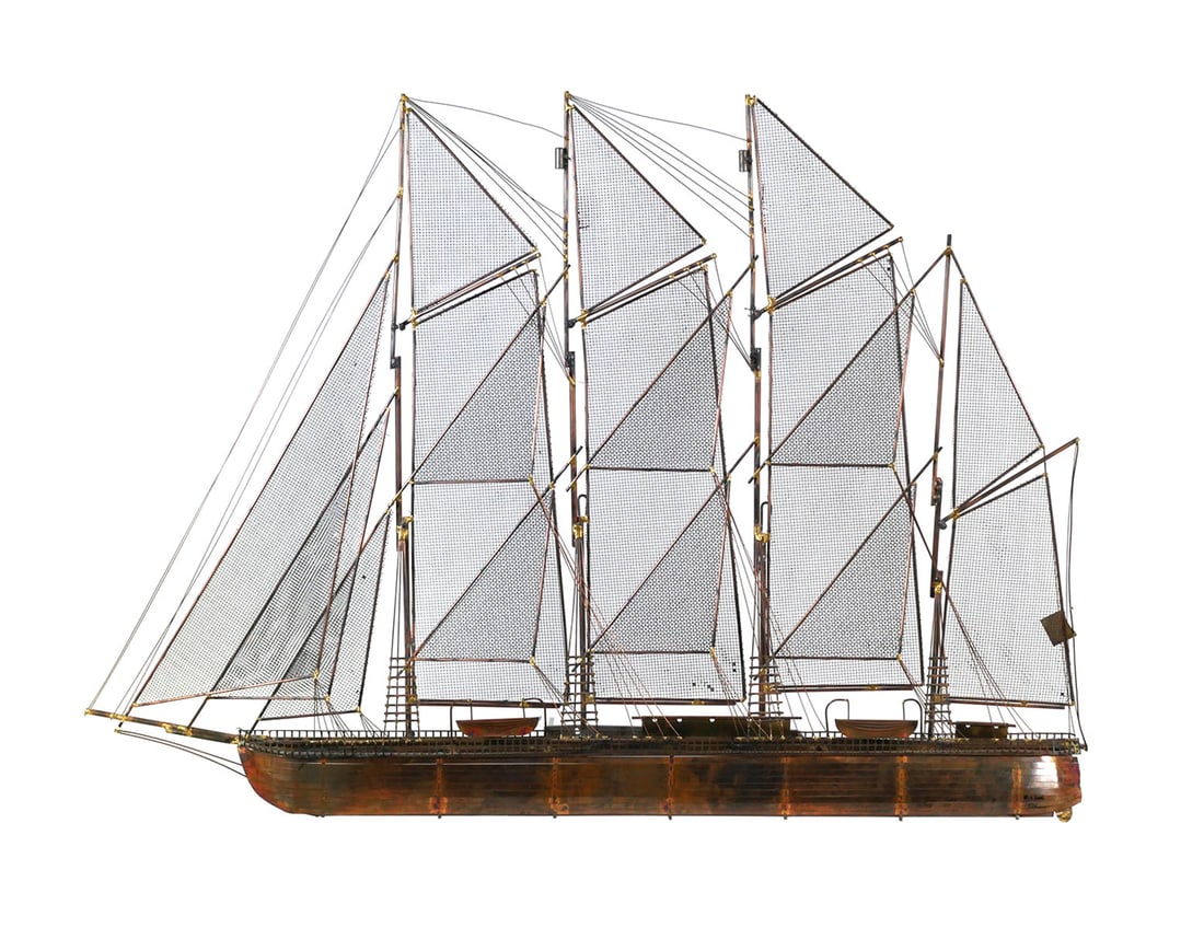 Curtis Jere Clipper Ship Wall Sculpture: 1975 Curtis Jere signed Mid Century Modern metal clipper ship sculpture. This decorative nautical statement piece is composed of copper and mixed metal elements. Sailboat measure approx. 30" tall x 42
