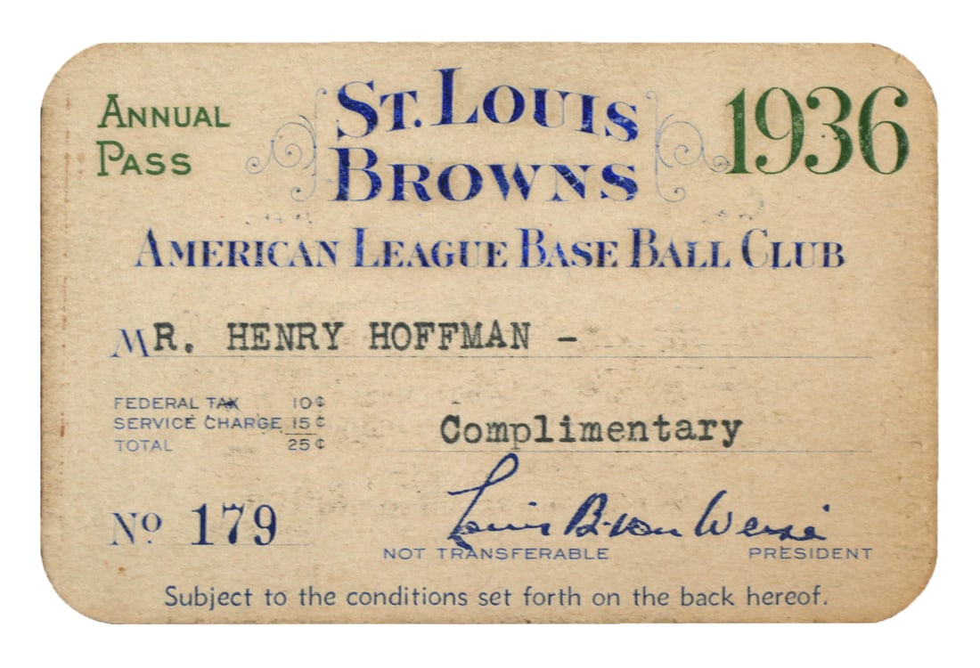 1936 St. Louis Browns AL Baseball Pass: This is a 1936 annual pass for the St. Louis Browns, issued to Mr. Henry Hoffman. The pass, numbered 179, grants complimentary admission to the American League team's games for the year. Signed by tea