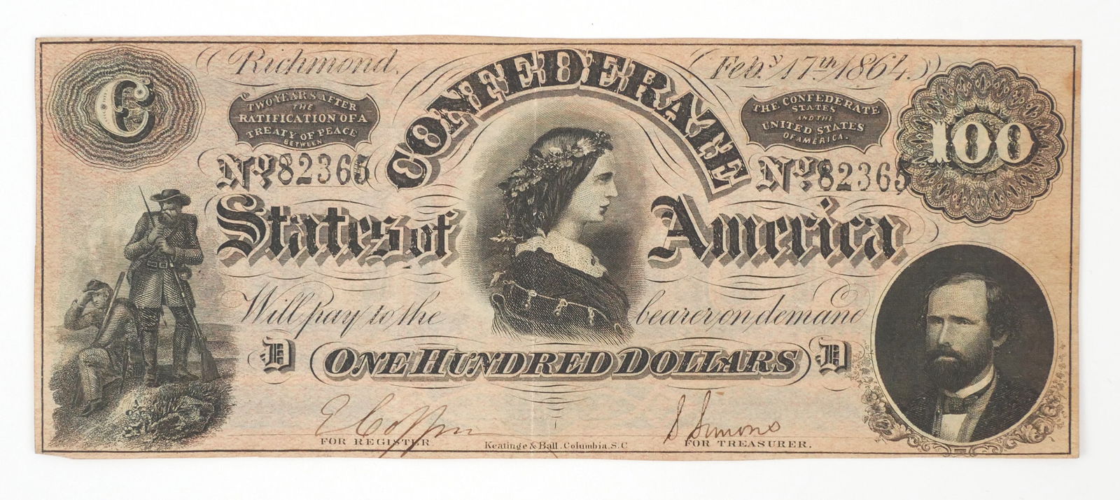 Civil War: Confederate Currency $100 1864 Bill: CSA Confederate States of America Feb 17th, 1864 printed one hundred dollar bill. Stamped serial number 82365, hand signed. Approx. 7-1/8" x 2-7/8". This item can be shipped in-house.