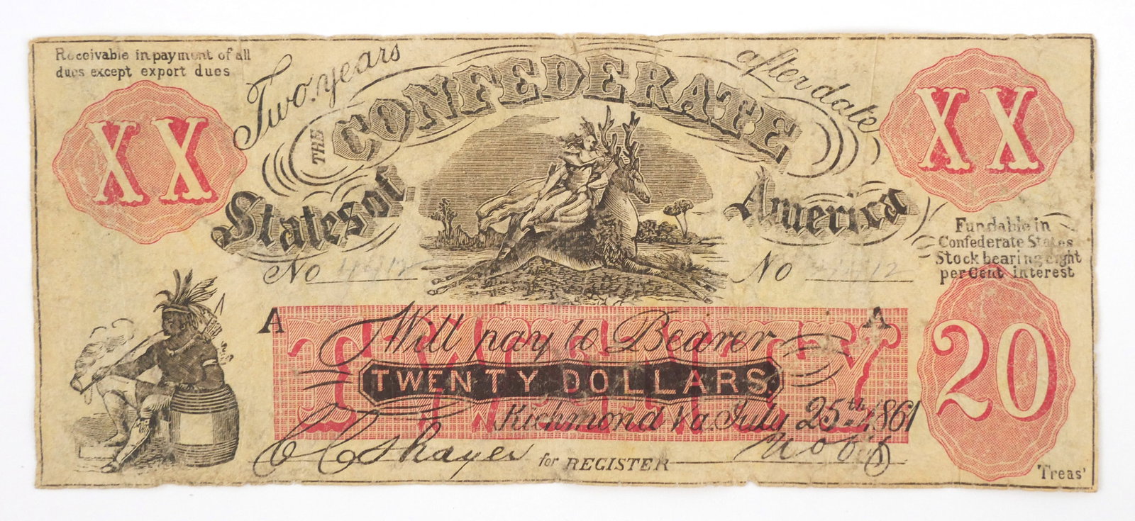 Civil War: 1861 "Bogus" $20 Confederate Note: Scarce "Woman Riding Deer" counterfeit Confederate note, a highly collectible piece of Civil War era currency that was never issued by the Confederacy. This item can be shipped in-house.