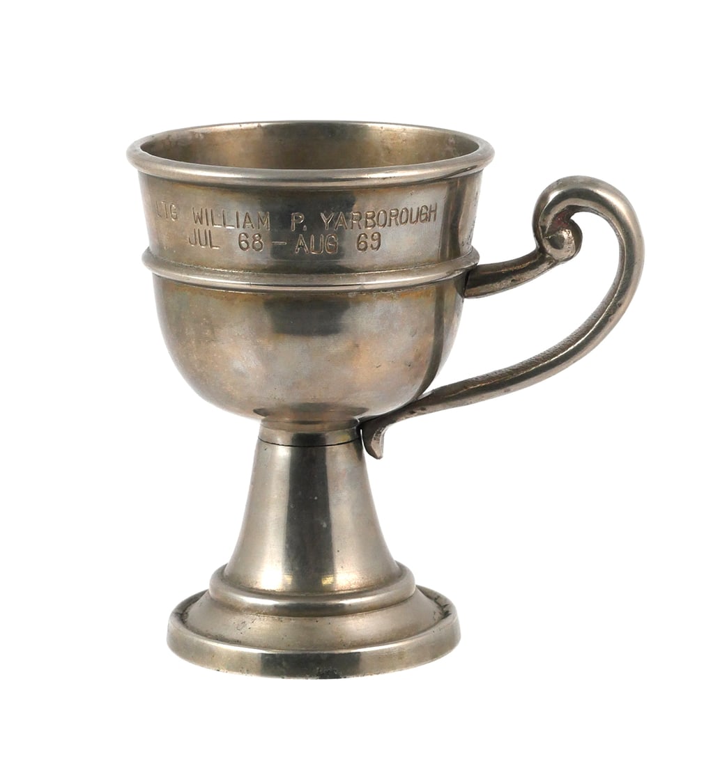 Green Beret Gen. Wm. Yarborough Silver Cup: Handled and footed silverplated cup inscribed: "LTG William P Yarborough, July 68 - Aug 69". The dates correspond to his tenure as Assistant Chief of Staff for Intelligence (ACSI), U.S. Army, the top 