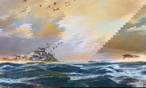 WW2: Bismarck Litho, Signed by Survivors