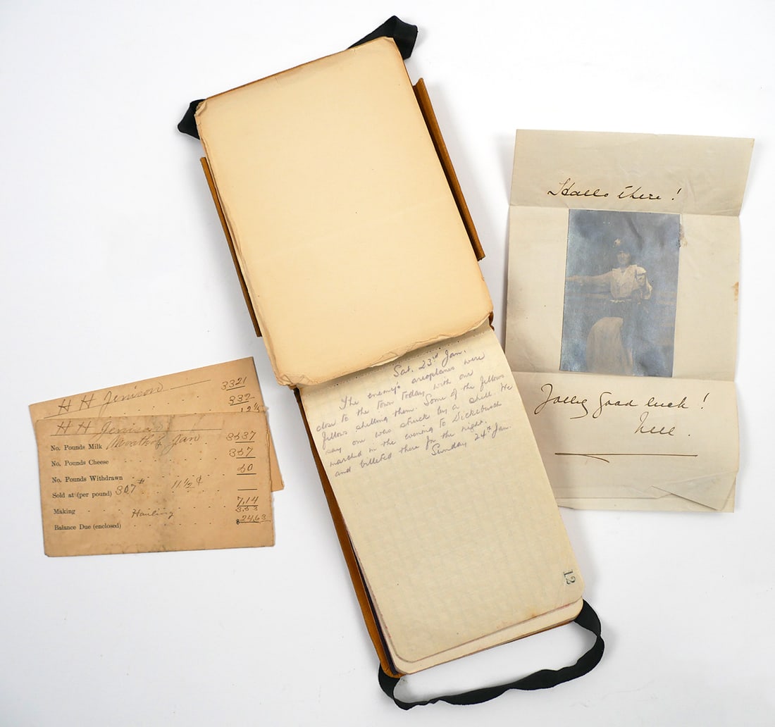 WWI: British Field Message Book Journal: Written by H.H. Jenison, first entry is December 20th, 1914. Discusses daily life of a soldier as he marched from France to Belgium. Includes references to sniper fire, trench conditions, being shelle