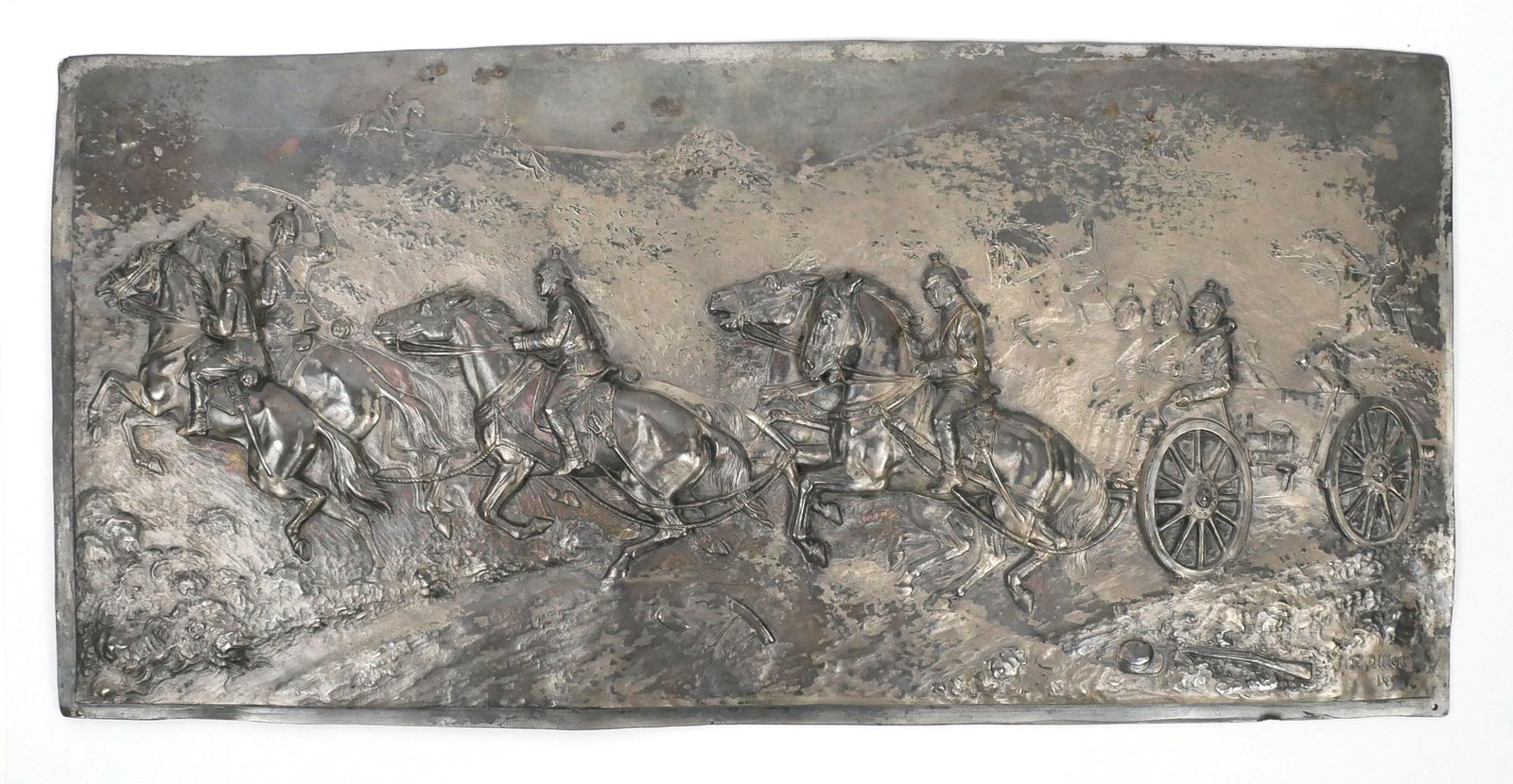 WWI: German Cavalry Relief Plaque, Fritz Diller: Unframed silver metal relief sculpture of Imperial German soldiers on horses by Fritz Diller (German, 1875-1946). Signed and dated 1914 lower right. Measures about 12" x 24-3/4". This item can be ship