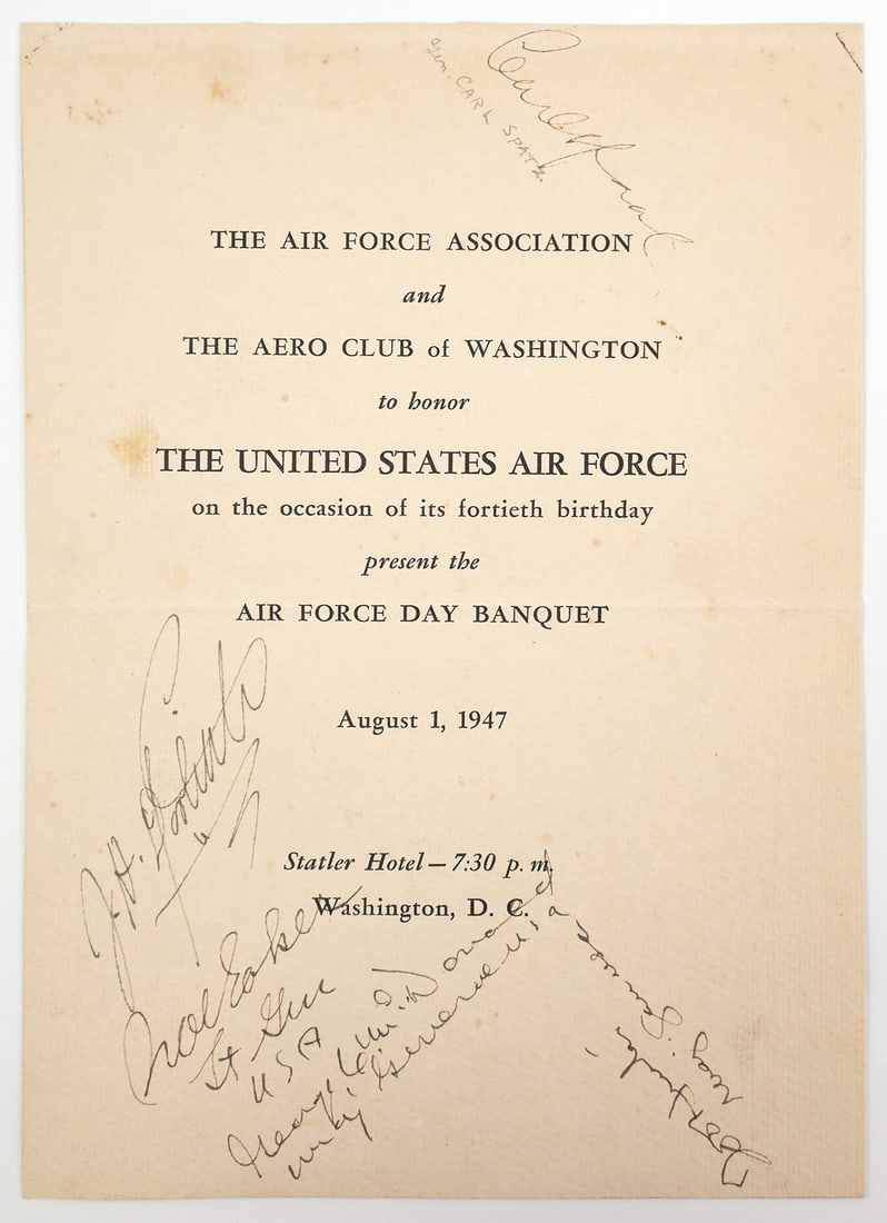 WW2: Air Force USAAF Signatures, Doolittle et al: Program for the 1947 Air Force Day Banquet to honor the 40th anniversary of the U.S. Air Force, hand-signed by several important WWII military aviation leaders: Jimmy Doolittle, Ira Eaker, Frank Hunte