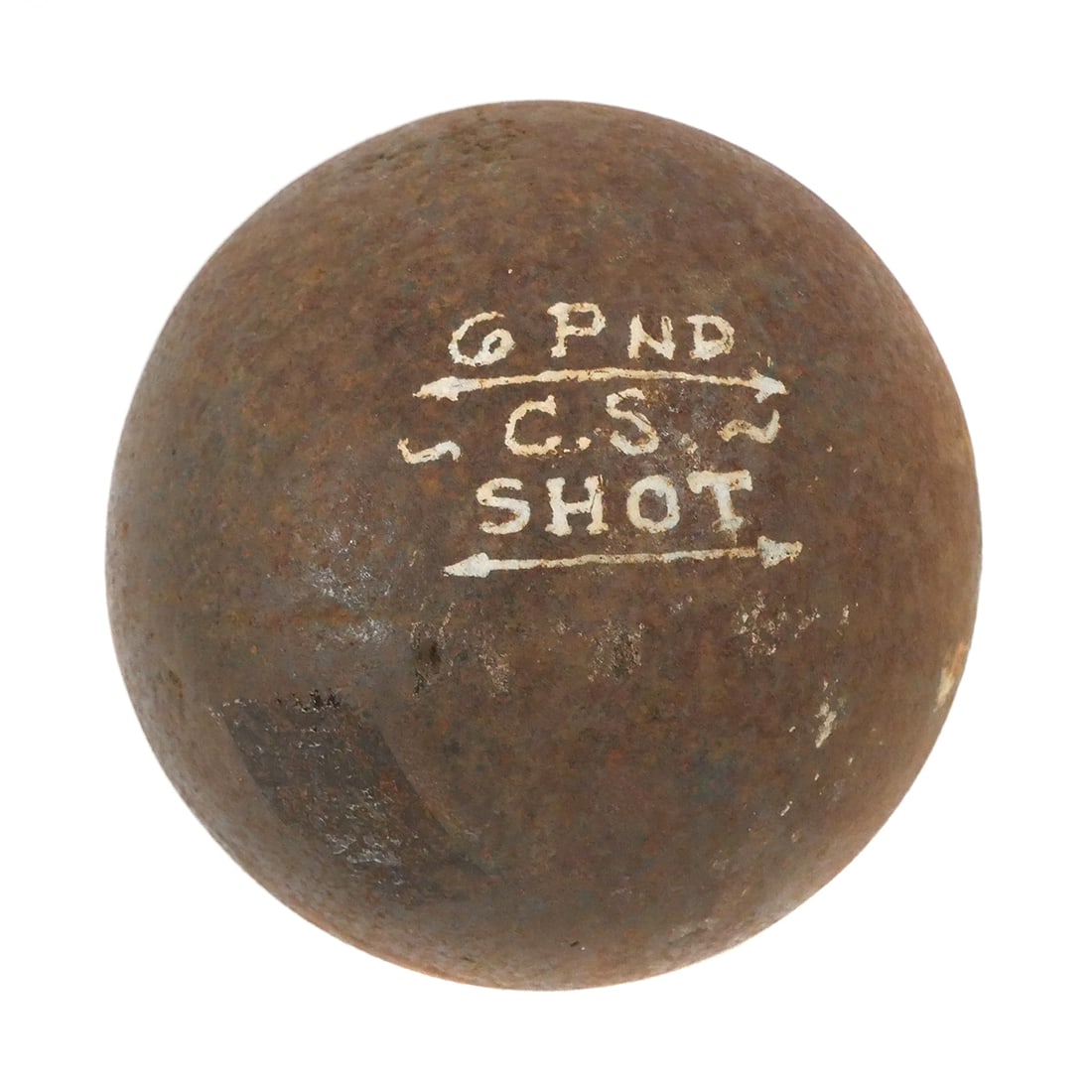 Civil War: Confederate Six-Pound Cannonball: Measures about 3-5/8" diameter. Marked on outside by the one who dug it (a long time ago), "6 Pnd. ~C.S.~ Shot." Weighs 6.84 pounds. Note: This size and weight could indicate that it was a Revolutiona