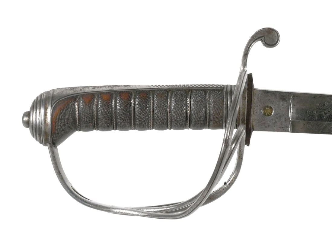 1821P Royal Artillery Sword by Pillin, Named: British 1821 Pattern Royal Artillery officer's sword. Etched straight blade measures approx. 34-1/2", 40-1/2" overall, 1-1/8" wide. Blade is etched with "Royal Artillery," floral scrollwork, regimenta