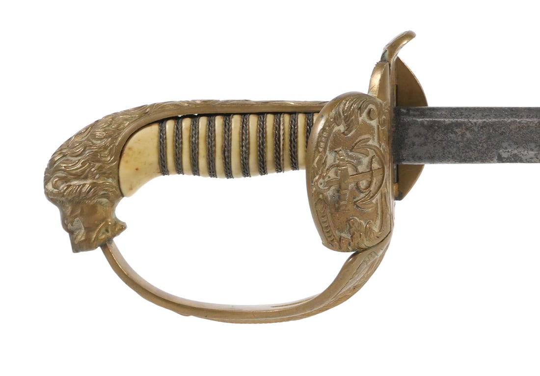 ALCOSO Solingen Naval Lion-Head Sword: German Kriegsmarine officer's dress sword by Alexander Coppel GmbH (ALCOSO), Solingen, circa 1930s WWII era. Blade measures approx. 33-1/2", overall length approx. 39", 7/8" wide. Ricasso bears partia